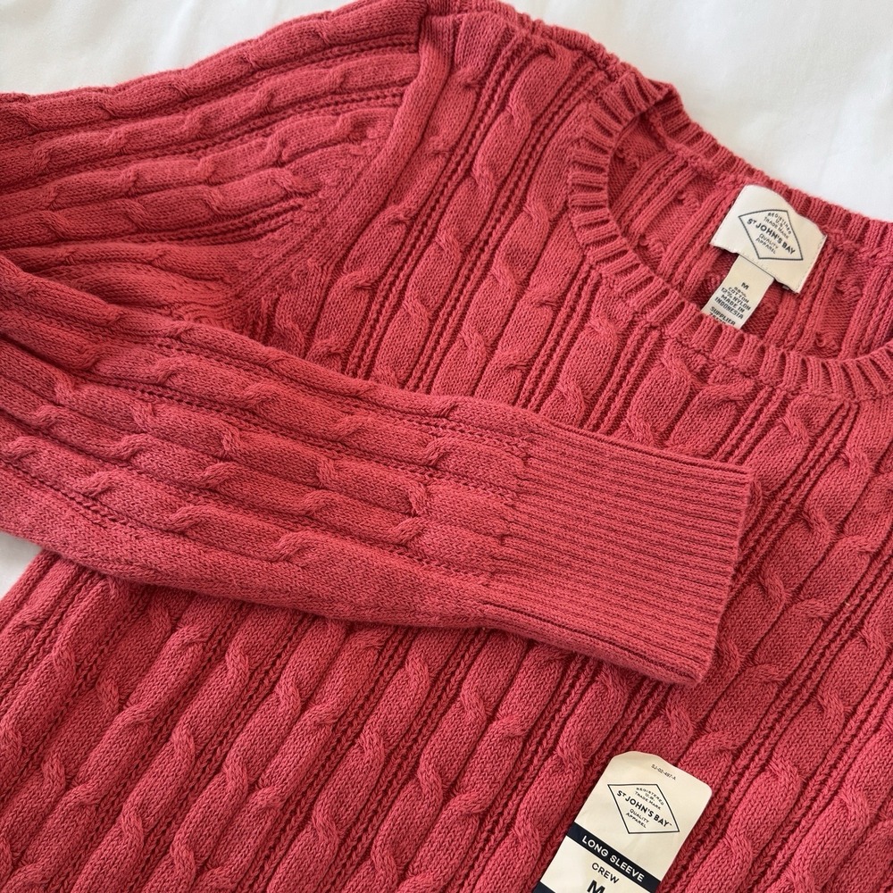 St Johns Bay Women's Crew Neck Cable Knit Long Sleeve Sweater Orange Size Medium